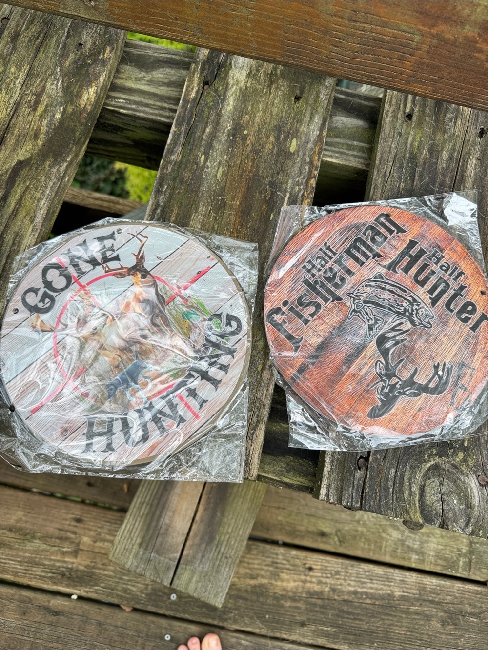 Round Wooden 'Gone Hunting' & 'Fisherman Hunter' Wall Signs - Brown